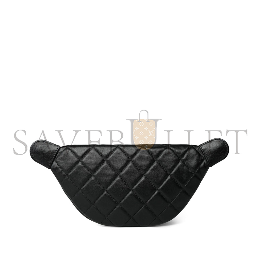 CHANEL 24A BLACK LAMBSKIN QUILTED WAIST BAG BUMBAG ENAMEL CC CHAIN AGED GOLD HARDWARE AS4113 (27*13cm)